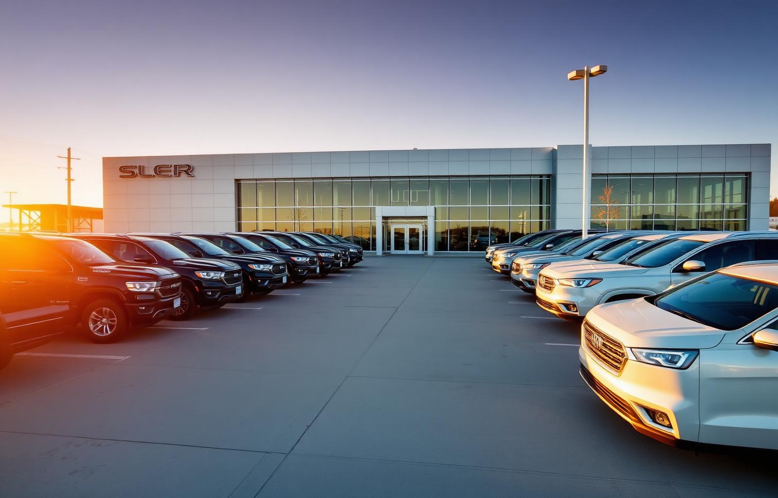 Dealership lot at golden hour